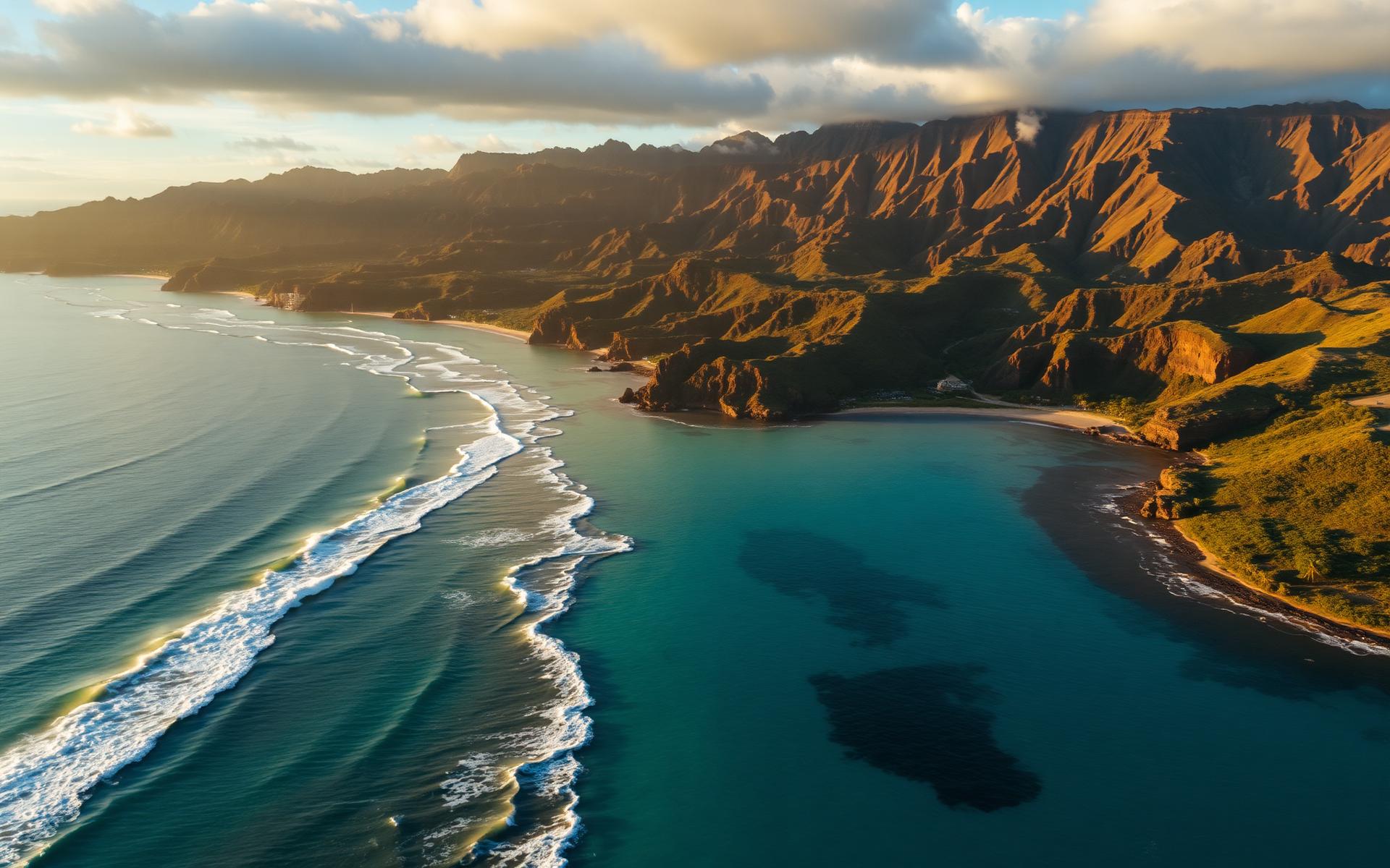 Aerial view of Hawaiian coastline with volcanic mountains at sunset