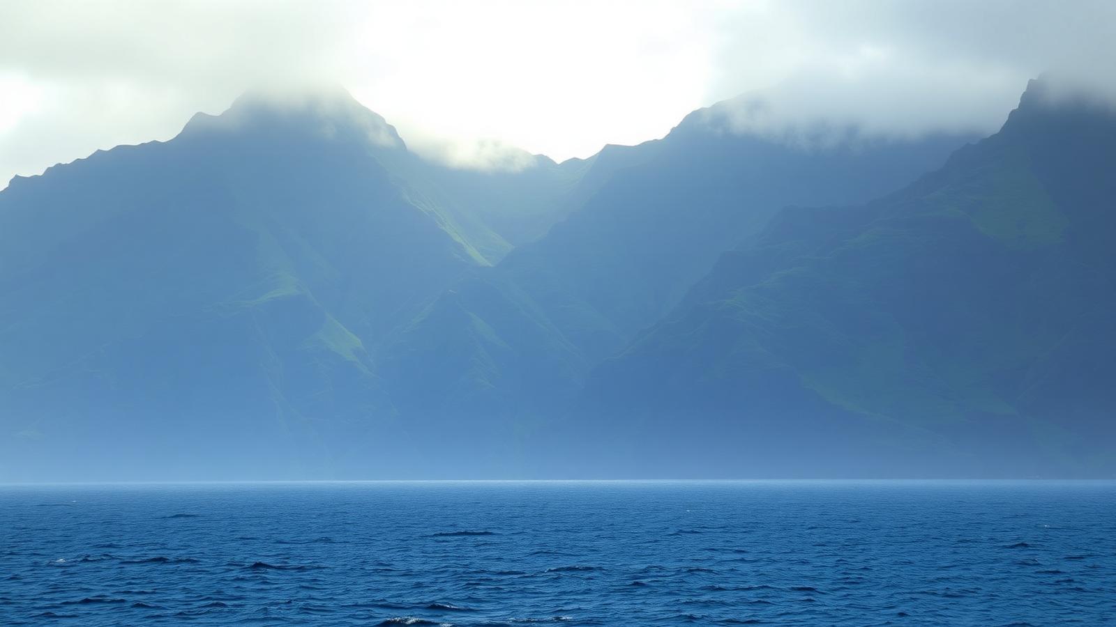 Misty Hawaiian mountains rising above the ocean